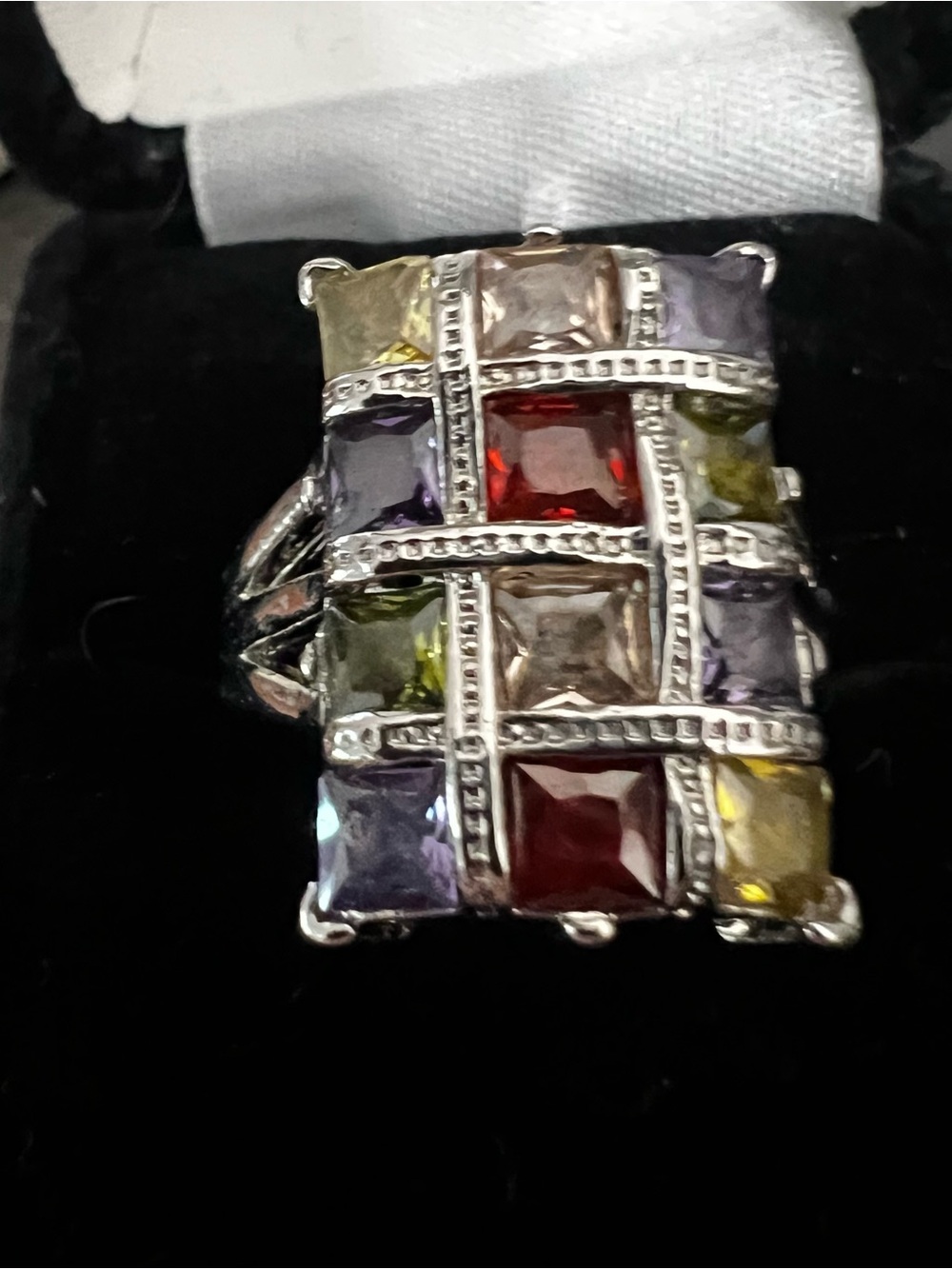 Multi-Gemstone Square Statement Ring - Silver Tone